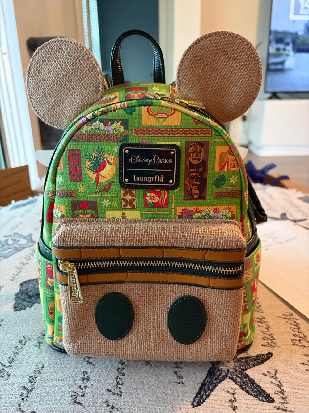 Loungefly Disney Parks Green Tiki Mickey Ear Mini Backpack with Burlap Ears